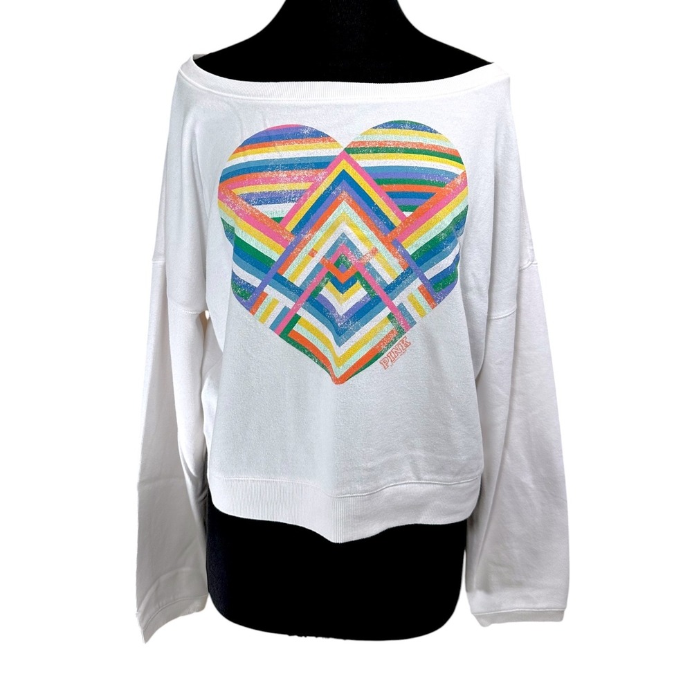 PINK Victoria's Secret Sweatshirt Womens M White Rainbow Heart Graphic Pullover